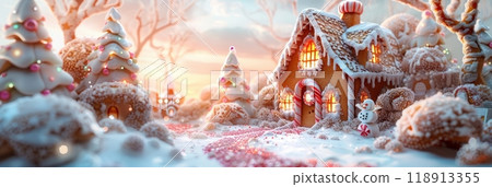 A beautifully crafted Christmas gingerbread house with icing, candy canes, gumdrops, and chocolate tiles, resting in a snowy landscape decorated with festive ornaments, banner 118913355
