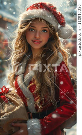 A cute young woman dressed as Santa's helper in a festive red and white outfit with a Santa hat holds a sack of presents, set against a snowy North Pole backdrop 118913356