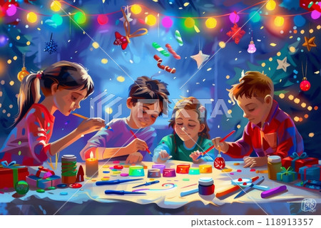 A group of children joyfully sits at a table covered with craft supplies, making handmade Christmas ornaments in a festive and creative environment 118913357