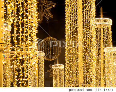 Illuminated Christmas Lights Decoration at Night Illuminated Christmas Lights Decoration at Night 118913384