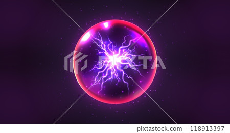 Crystal magic ball, mystic prophecy orb with lightning inside, oracle sphere with sparkling stars and electric charge. 118913397
