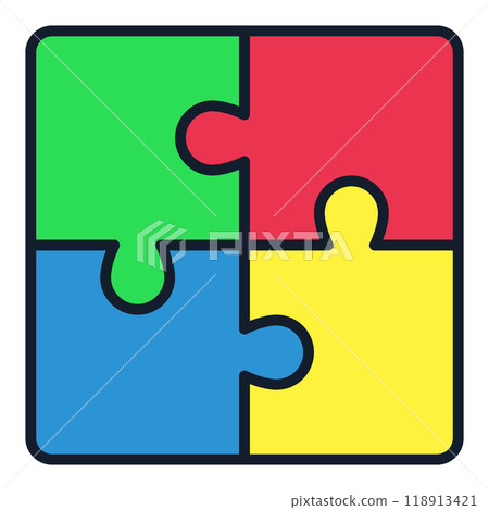 Four Connected Jigsaw Puzzle Colored Pieces vector modern icon or logo element 118913421