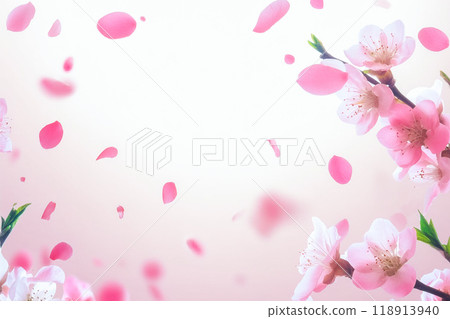 Pink flowers and petals fluttering background 118913940