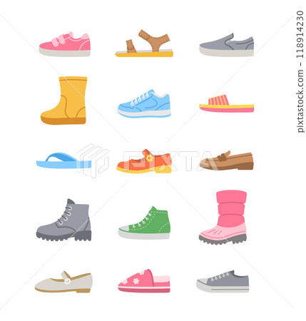 Kids shoes collection. Basic types of footwear for children. Sneakers, sandals, boots, ballet flats, loafers, slippers. Simple color flat icons for kids clothing shop. Side view pictograms, isolated Kids shoes collection. Basic types of footwear for children. Sneakers, sandals, boots, ballet flats, loafers, slippers. Simple color flat icons for kids clothing shop. Side view pictograms, isolated 118914230