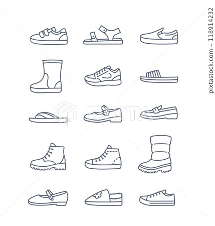 Kids shoes collection. Basic types of footwear for children. Sneakers, sandals, boots, ballet flats, loafers, slippers. Simple line icons for kids clothing shop. Outline pictograms, editable stroke Kids shoes collection. Basic types of footwear for children. Sneakers, sandals, boots, ballet flats, loafers, slippers. Simple line icons for kids clothing shop. Outline pictograms, editable stroke 118914232
