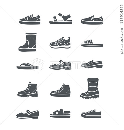 Kids shoes collection. Basic types of footwear for children. Sneakers, sandals, boots, ballet flats, loafers, slippers. Simple solid silhouette icons for kids clothing shop. Side view pictograms 118914233