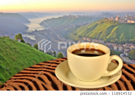 A vibrant morning scene golden sunlight, breathtaking landscape, and a perfect cup of coffee A vibrant morning scene golden sunlight, breathtaking landscape, and a perfect cup of coffee 118914532