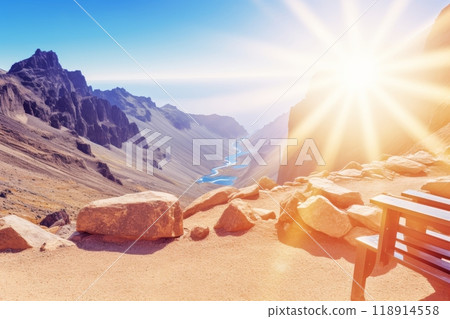 Embrace the vibrant morning a steaming cup of coffee amidst a golden sunlit landscape 118914558