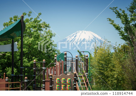 透過樹木和遊樂設施可以看到富士山 118914744