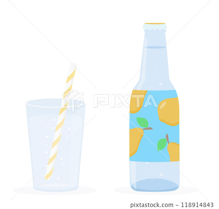 Fruit lemonade or sparkling water in a bottle accompanied by a glass with straw. Carbonated soft drink and beverage with bubbles. Cartoon flat vector elements isolated on white background. Fruit lemonade or sparkling water in a bottle accompanied by a glass with straw. Carbonated soft drink and beverage with bubbles. Cartoon flat vector elements isolated on white background. 118914843