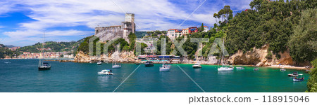 Italy, Liguria. famous golf of poets and scenic town Lerici with medieval castle and nice beaches. 118915046