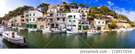 Mallorca (Majorca) island attractions and scenic places - traditional fishing village with typical wooden boats Cala Figuera. Spain Mallorca (Majorca) island attractions and scenic places - traditional fishing village with typical wooden boats Cala Figuera. Spain 118915058