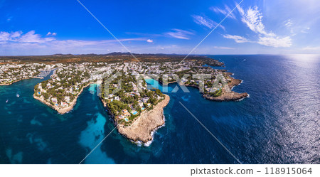 Best scenic beaches of Mallorca (Majorca)  island - aerail drone panoramic view of Cala d'Or  118915064