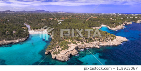 Mallorca island best beaches, Beautiful S'Amarador, park Mondrago near Santanyi.  118915067