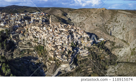 One of the most beautiful ancient villages of Spain - scenic Bocairent Valencia provice. Aerial drone high angle view 118915074
