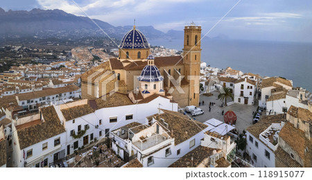 Charmig coastal town Altea in popular coast of Spain Costa Blanca. aerial drone high angle panoramic view  118915077