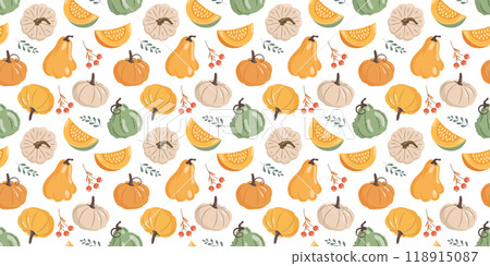Seamless pattern with pumpkins and pumpkin pieces. Thanksgiving background, autumn harvest illustration Seamless pattern with pumpkins and pumpkin pieces. Thanksgiving background, autumn harvest illustration 118915087