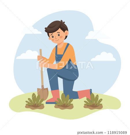 Boy with a shovel takes care of a plant. Cute gardener in spring. Cute flat style illustration. 118915089