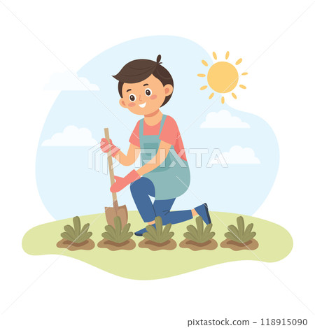 Boy with a shovel takes care of a plant. Cute gardener in spring. Cute flat style illustration. 118915090