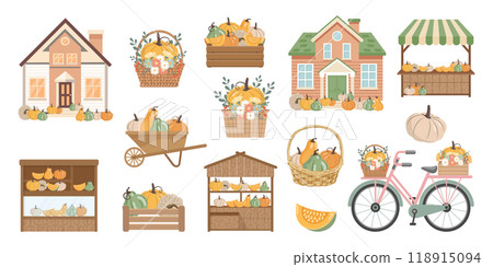 Set of autumn decorative elements with pumpkins. Houses, street stalls, boxes, basket and wheelbarrow with pumpkins. Collection of cute illustrations 118915094