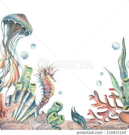 Seahorse, jellyfish, seashell, coral, starfish, sea sponge, algae, pebbles and bubbles. Hand drawn watercolor illustration of sea animals and the underwater. Template, frame square for the text. 118915108