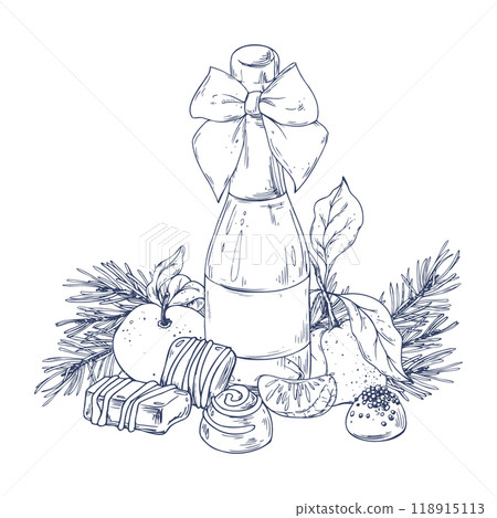 Christmas collection with tangerines, sweets, spices, champagne and plants. Graphic illustration hand drawn in black ink. Composition, sublimation, arrangement EPS vector. 118915113