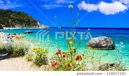 Greek summer destinations. Turquoise beautiful beaches of Lefkada island, Agios Nikitas village .Greece, Ionian islands Greek summer destinations. Turquoise beautiful beaches of Lefkada island, Agios Nikitas village .Greece, Ionian islands 118915191