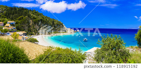 Greek summer destinations. Turquoise beautiful beaches of Lefkada island, Agios Nikitas village .Greece, Ionian islands Greek summer destinations. Turquoise beautiful beaches of Lefkada island, Agios Nikitas village .Greece, Ionian islands 118915192