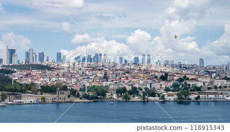 View from the sea to Istanbul. The coastline with old and new houses in the vicinity of the city. View from the sea to Istanbul. The coastline with old and new houses in the vicinity of the city. 118915343
