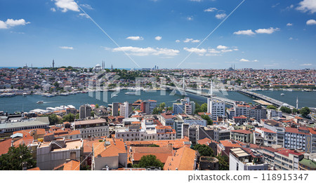 View from the roof of the Bosphorus Strait, the bridge and the mosque.  118915347