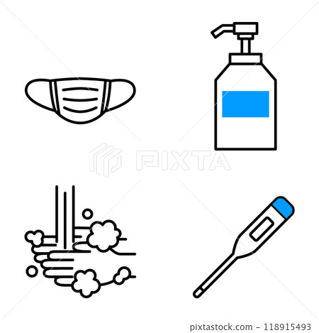 Icons for four infection prevention measures (mask, disinfectant, hand washing, temperature check) 118915493