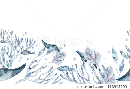 Underwater seamless border watercolor blue monochrome with coral, stingray and sea plants illustration isolated . Seabed with creatures in dusty blue and lavender hand drawn on repeated background. Underwater seamless border watercolor blue monochrome with coral, stingray and sea plants illustration isolated . Seabed with creatures in dusty blue and lavender hand drawn on repeated background. 118915503
