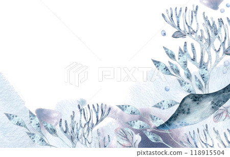 Underwater monochrome blue border with coral and seaweed on watercolor splash isolated . Marine life banner with stingray and fish in dusty blue and lavender hand drawn. Sea life corner frame. Underwater monochrome blue border with coral and seaweed on watercolor splash isolated . Marine life banner with stingray and fish in dusty blue and lavender hand drawn. Sea life corner frame. 118915504