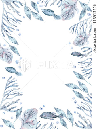 Underwater blue monochrome frame with coral, fish, and sea plants watercolor illustration isolated . Marine life fishes and bubbles in dusty blue and lavender tones hand drawn. Sea life template card. Underwater blue monochrome frame with coral, fish, and sea plants watercolor illustration isolated . Marine life fishes and bubbles in dusty blue and lavender tones hand drawn. Sea life template card. 118915506
