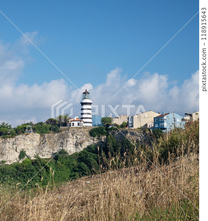 Landscape with a lighthouse on a rock with colorful houses and trees on a sunny summer day. Landscape with a lighthouse on a rock with colorful houses and trees on a sunny summer day. 118915643
