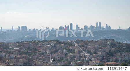 Panoramic view from the mountain to the city on a summer day in a sunny haze. Istanbul, Turkey Panoramic view from the mountain to the city on a summer day in a sunny haze. Istanbul, Turkey 118915647