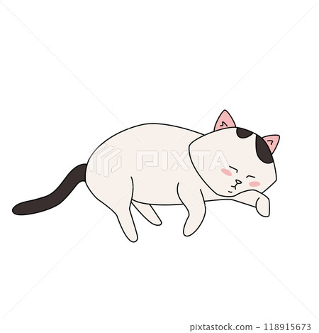 Doodle funny white cat with black tail lying asleep. Simple vector illustration isolated Doodle funny white cat with black tail lying asleep. Simple vector illustration isolated 118915673