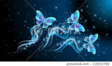 Fairytale night sky with magical butterflies with sparkling trail and glowing stars. Fantasy sparkle blue background. 118915700