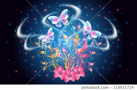 Fairytale night sky with magical butterflies and floral golden ornament and stars. Fantasy sparkle background. 118915724