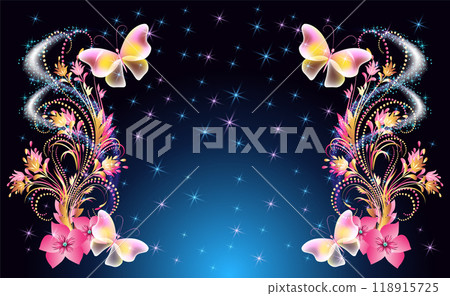 Fairytale night sky with magical butterflies and floral golden ornament and stars. Fantasy sparkle background. Fairytale night sky with magical butterflies and floral golden ornament and stars. Fantasy sparkle background. 118915725