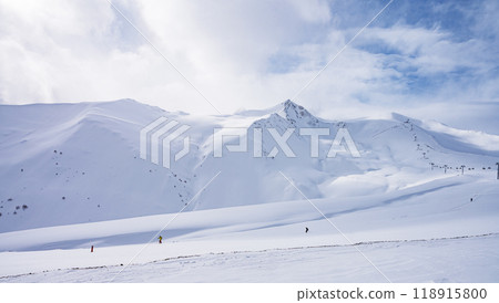 Beautiful landscape winter sunny day on snowy mountain in ski resort Arkhyz, Caucasus mountains Beautiful landscape winter sunny day on snowy mountain in ski resort Arkhyz, Caucasus mountains 118915800