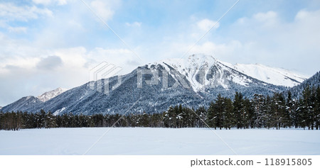 Beautiful landscape in Arkhyz with mountains, snow and forest on a cloudy winter day. 118915805