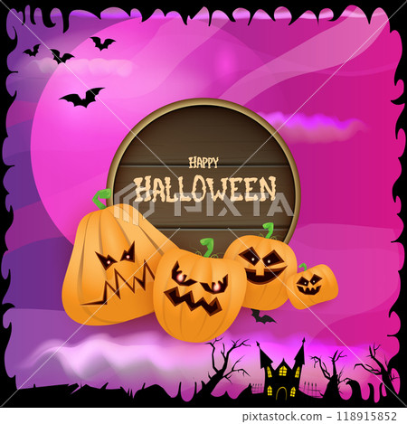 Happy Halloween banner with bats, cat, castle, graveyard and Halloween scary pumpkins isolated on spooky night background . Funky kids Halloween banner with greeting text Happy Halloween banner with bats, cat, castle, graveyard and Halloween scary pumpkins isolated on spooky night background . Funky kids Halloween banner with greeting text 118915852