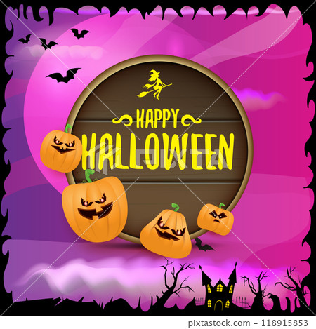 Happy Halloween banner with bats, cat, castle, graveyard and Halloween scary pumpkins isolated on spooky night background . Funky kids Halloween banner with greeting text 118915853