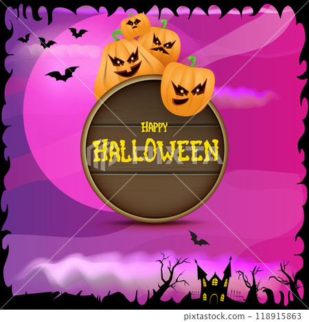 Happy Halloween banner with bats, cat, castle, graveyard and Halloween scary pumpkins isolated on spooky night background . Funky kids Halloween banner with greeting text 118915863