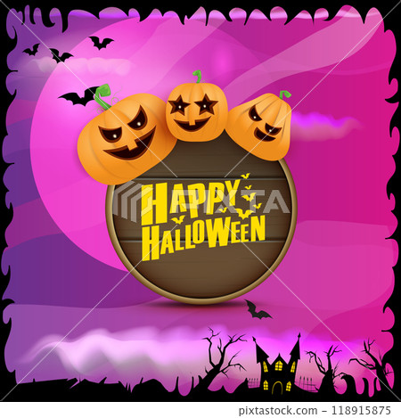 Happy Halloween banner with bats, cat, castle, graveyard and Halloween scary pumpkins isolated on spooky night background . Funky kids Halloween banner with greeting text Happy Halloween banner with bats, cat, castle, graveyard and Halloween scary pumpkins isolated on spooky night background . Funky kids Halloween banner with greeting text 118915875