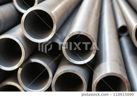 Metal profile pipe of round section in packs at the warehouse of metal products 118915890