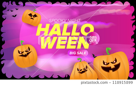 Halloween big sale banner with funky scary pumpkins, castle, graveyard on night spooky background. Halloween sale poster design template Halloween big sale banner with funky scary pumpkins, castle, graveyard on night spooky background. Halloween sale poster design template 118915899