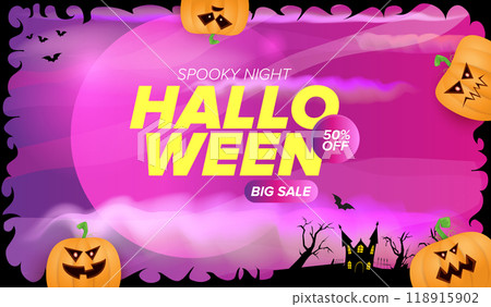 Halloween big sale banner with funky scary pumpkins, castle, graveyard on night spooky background. Halloween sale poster design template Halloween big sale banner with funky scary pumpkins, castle, graveyard on night spooky background. Halloween sale poster design template 118915902
