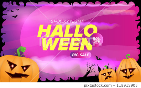 Halloween big sale banner with funky scary pumpkins, castle, graveyard on night spooky background. Halloween sale poster design template 118915903